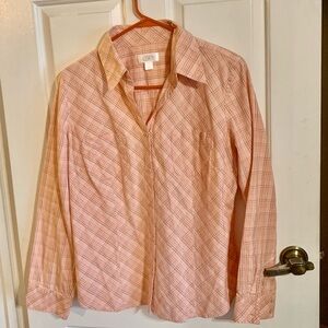 Ann Taylor LOFT Peach Plaid Design Blouse Small Flaw